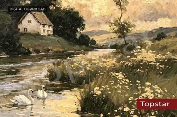Download River Swans Golden Summer Wall Art Decor - Summer Collection